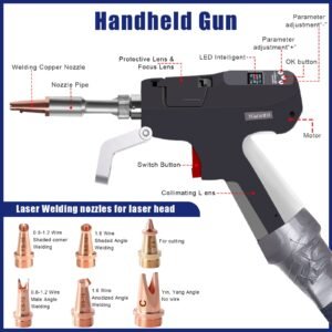 Ergonomic handheld welding gun structure and nozzle for RECI laser welder