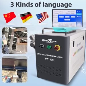 FW-200 300W Pulse laser cleaning machine supporting English, Chinese, and German languages.