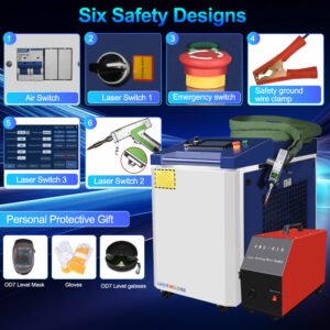 Laser welding machine safety design with air switch, emergency stop, laser switches, and protective gear set