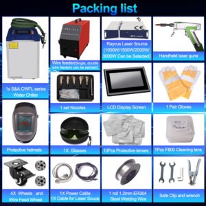 packing list of 4-in-1 laser welding machine with fiber laser source, handheld gun, chiller, wire feeder, and accessories