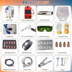 Packing list of fiber laser welding machine with BWT fiber, gun, wire feeder, nozzles, safety gear, and cables