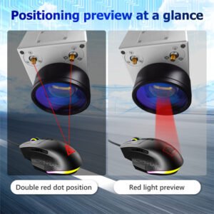 Positioning preview system with double red dot alignment for precise laser focus on workpiece