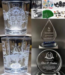 Samples made by EYTOOLS UV laser marking machine on glass, metal, wood, and plastics